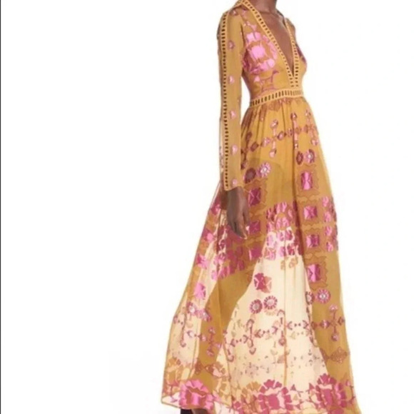 For Love & Lemons Barcelona Maxi Dress Silk Blend Mustard Yellow Sz XS - Picture 6 of 16